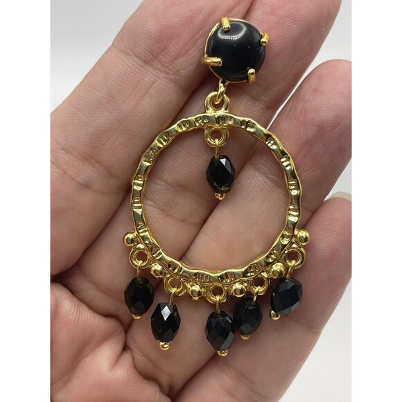 ZEYZEY 18 Karat Gold Plated Adorned Gold Dangle Hoop Earrings With Black Beads N - Picture 4 of 5